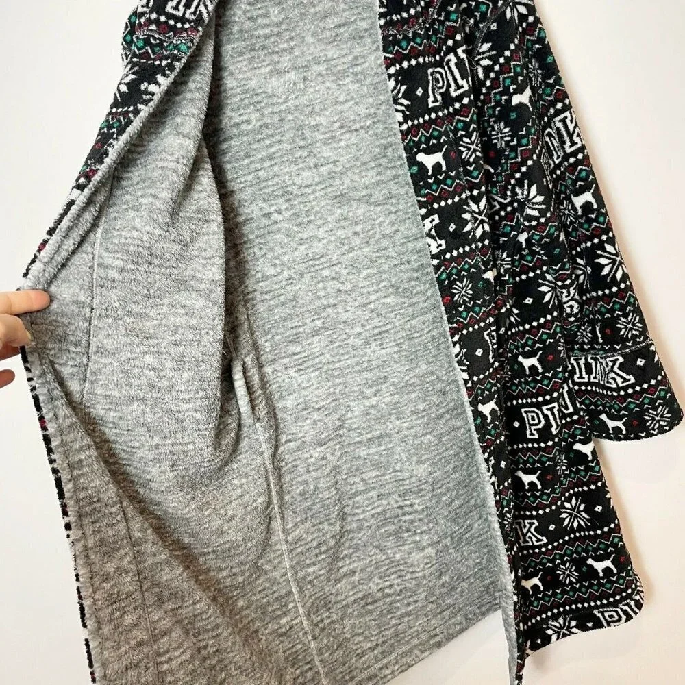 Victoria's Secret PINK Reversible Robe Black XS Hooded Plush Fair Isle‎ Fleece